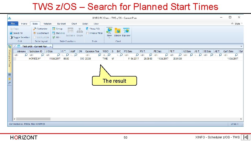 TWS z/OS – Search for Planned Start Times The result HORIZONT 50 XINFO -