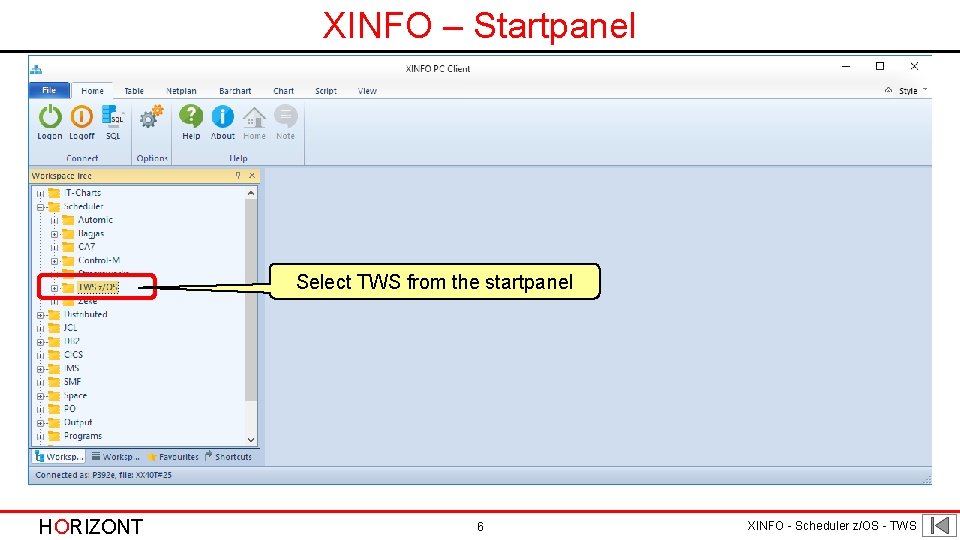 XINFO – Startpanel Select TWS from the startpanel HORIZONT 6 XINFO - Scheduler z/OS