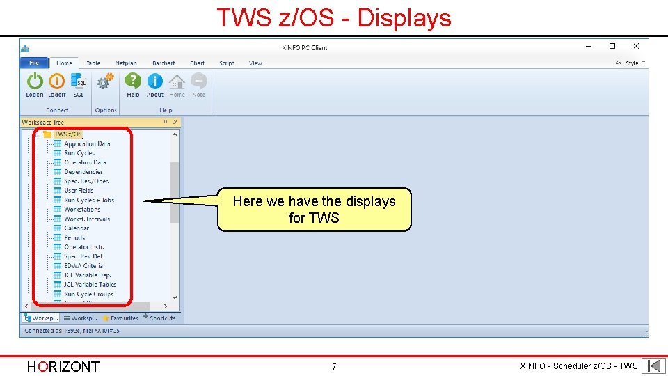TWS z/OS - Displays Here we have the displays for TWS HORIZONT 7 XINFO