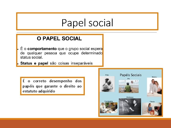 Papel social É o correto desempenho dos papéis que garante o direito ao estatuto