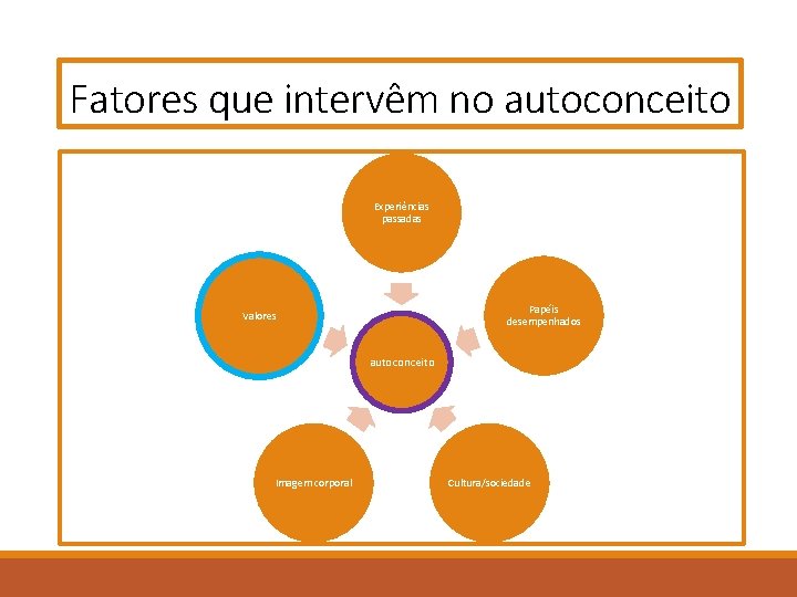 Fatores que intervêm no autoconceito Experiências passadas Papéis desempenhados Valores autoconceito Imagem corporal Cultura/sociedade Fatores que intervêm no autoconceito Experiências passadas Papéis desempenhados Valores autoconceito Imagem corporal Cultura/sociedade