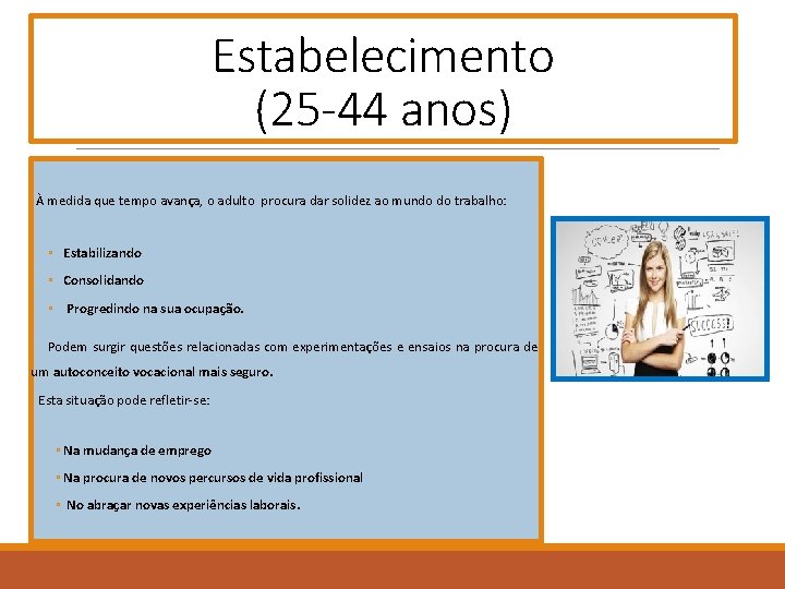 Estabelecimento (25 -44 anos) À medida que tempo avança, o adulto procura dar solidez Estabelecimento (25 -44 anos) À medida que tempo avança, o adulto procura dar solidez