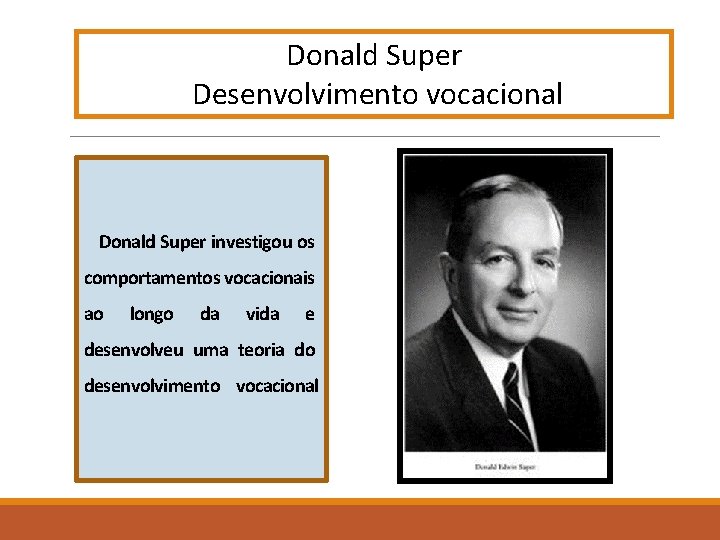 Donald Super Desenvolvimento vocacional Donald Super investigou os comportamentos vocacionais ao longo da vida