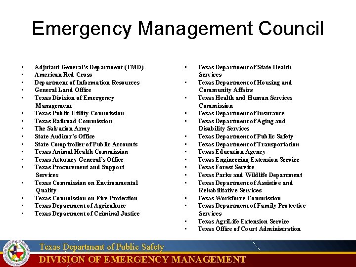 Emergency Management Council • • • • • Adjutant General’s Department (TMD) American Red