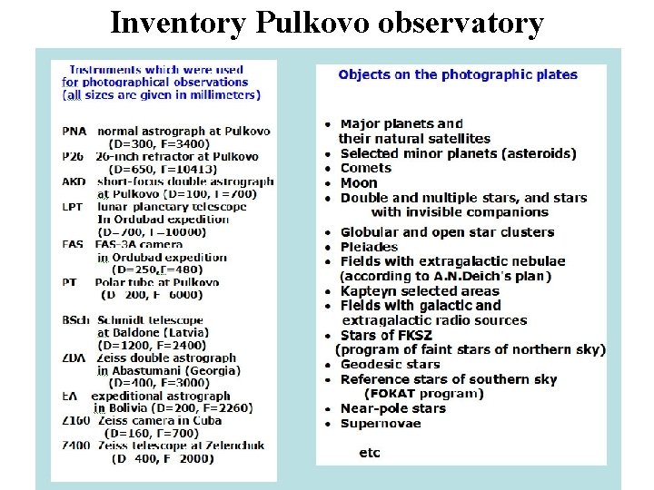 Inventory Pulkovo observatory 
