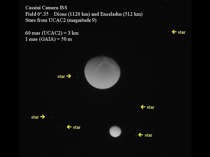 Cassini Camera ISS Field 0°. 35 Dione (1120 km) and Enceladus (512 km) Stars