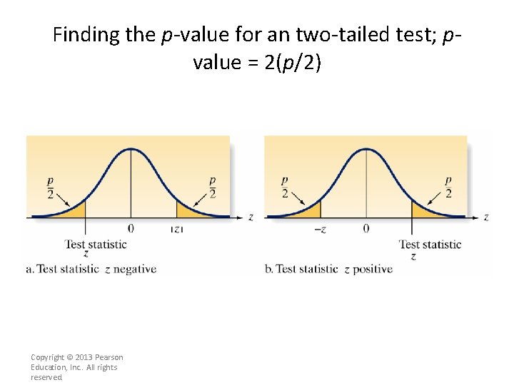 Finding the p-value for an two-tailed test; pvalue = 2(p/2) Copyright © 2013 Pearson