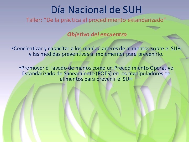 Día Nacional de SUH Taller: “De la práctica al procedimiento estandarizado” Objetivo del encuentro