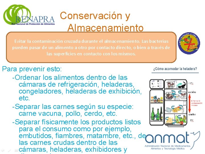 Conservación y Almacenamiento Evitar la contaminación cruzada durante el almacenamiento. Las bacterias pueden pasar