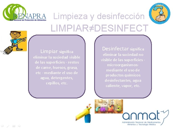 Limpieza y desinfección LIMPIAR≠DESINFECT AR Limpiar significa eliminar la suciedad visible de las superficies