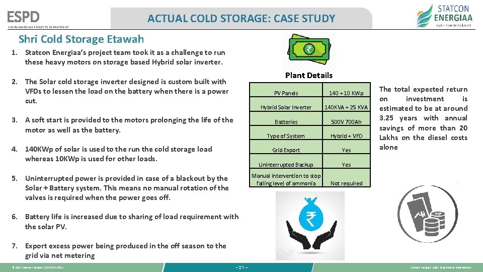 ESPD ENERGIAA SOLAR PROJECTS DEPARTMENT ACTUAL COLD STORAGE: CASE STUDY Shri Cold Storage Etawah ESPD ENERGIAA SOLAR PROJECTS DEPARTMENT ACTUAL COLD STORAGE: CASE STUDY Shri Cold Storage Etawah