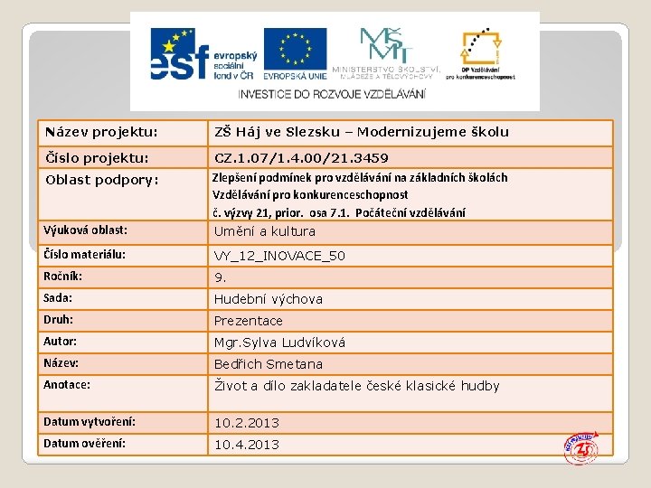 Název projektu: ZŠ Háj ve Slezsku – Modernizujeme školu Číslo projektu: CZ. 1. 07/1.