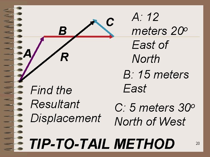 B A R Find the Resultant Displacement A: 12 C meters 20 o East