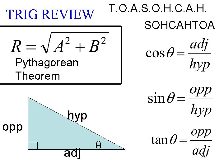 T. O. A. S. O. H. C. A. H. SOHCAHTOA TRIG REVIEW Pythagorean Theorem