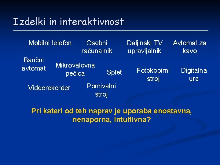 Izdelki in interaktivnost Mobilni telefon Bančni avtomat Osebni računalnik Mikrovalovna pečica Videorekorder Splet Daljinski