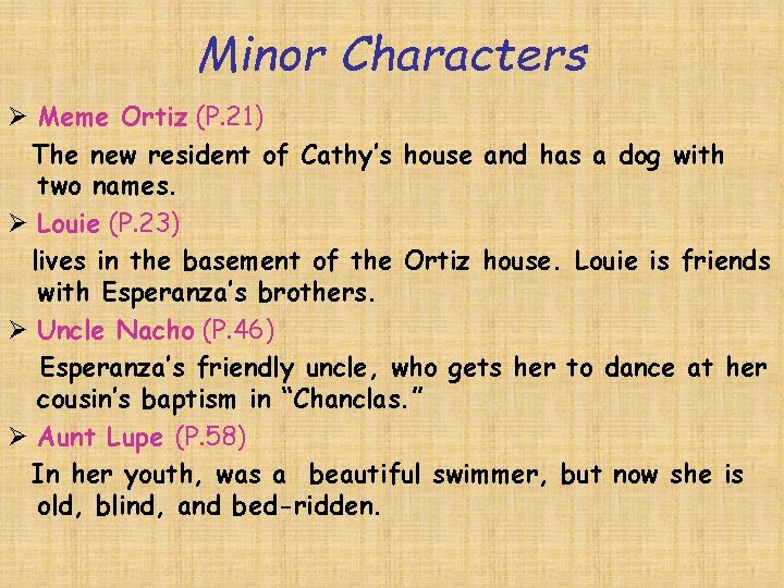 Minor Characters Ø Meme Ortiz (P. 21) The new resident of Cathy’s house and