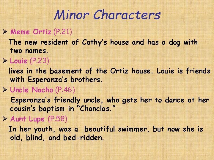 Minor Characters Ø Meme Ortiz (P. 21) The new resident of Cathy’s house and Minor Characters Ø Meme Ortiz (P. 21) The new resident of Cathy’s house and