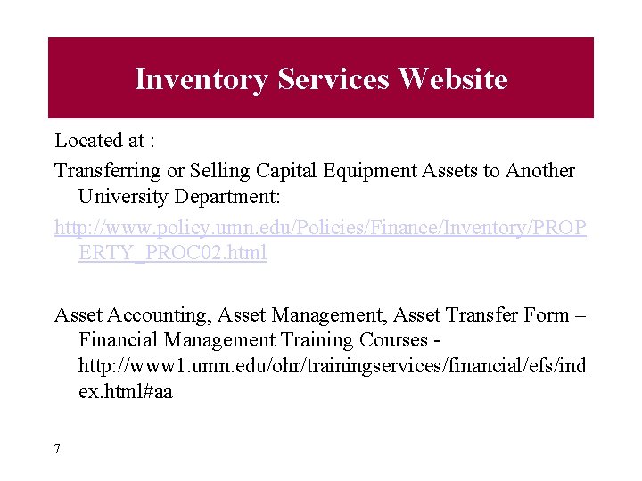 Inventory Services Website Located at : Transferring or Selling Capital Equipment Assets to Another