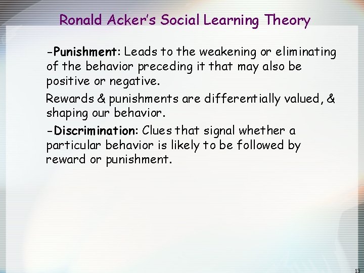 Ronald Acker’s Social Learning Theory -Punishment: Leads to the weakening or eliminating of the Ronald Acker’s Social Learning Theory -Punishment: Leads to the weakening or eliminating of the