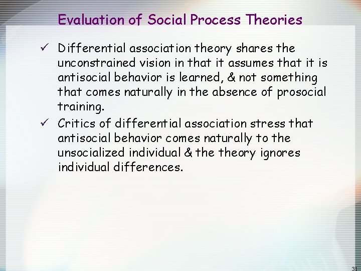 Evaluation of Social Process Theories ü Differential association theory shares the unconstrained vision in Evaluation of Social Process Theories ü Differential association theory shares the unconstrained vision in