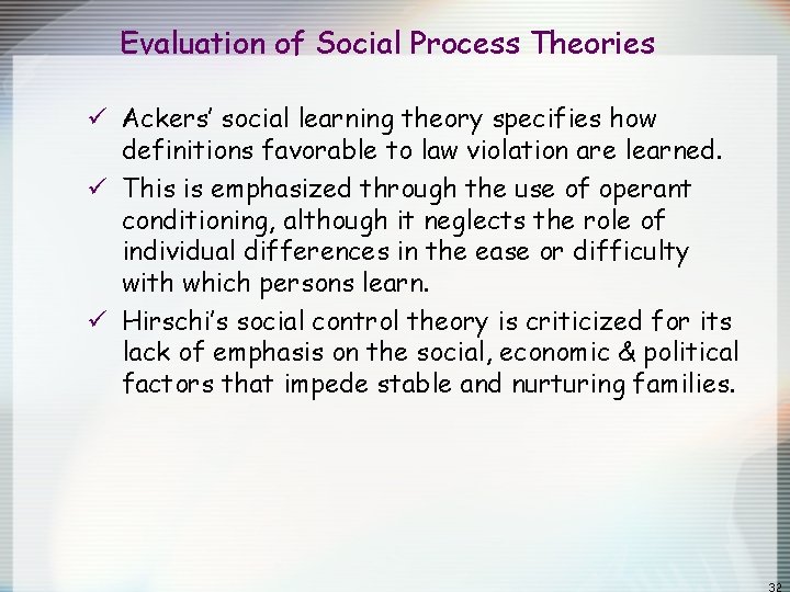 Evaluation of Social Process Theories ü Ackers’ social learning theory specifies how definitions favorable Evaluation of Social Process Theories ü Ackers’ social learning theory specifies how definitions favorable