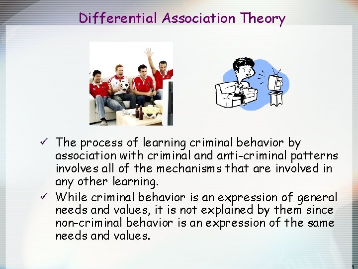 Differential Association Theory ü The process of learning criminal behavior by association with criminal Differential Association Theory ü The process of learning criminal behavior by association with criminal
