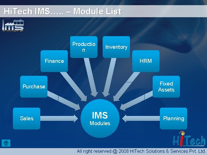 Hi. Tech IMS…. . – Module List Productio n Inventory Finance HRM Fixed Assets