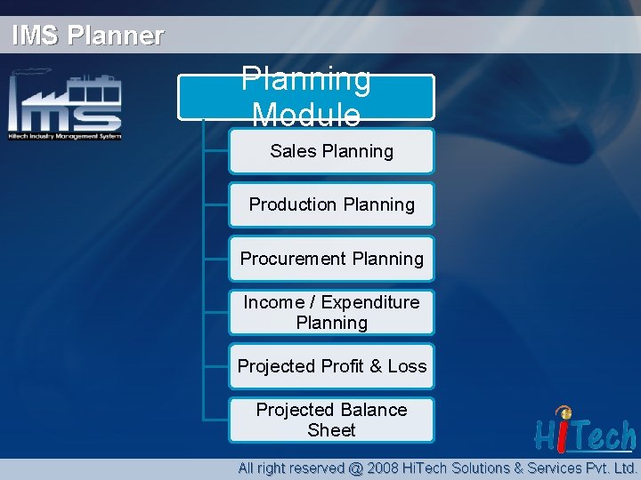 IMS Planner Planning Module Sales Planning Production Planning Procurement Planning Income / Expenditure Planning