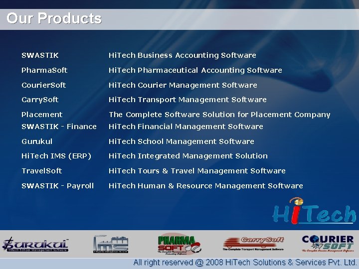 Our Products SWASTIK Hi. Tech Business Accounting Software Pharma. Soft Hi. Tech Pharmaceutical Accounting