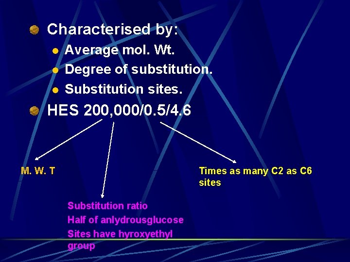 Characterised by: l l l Average mol. Wt. Degree of substitution. Substitution sites. HES