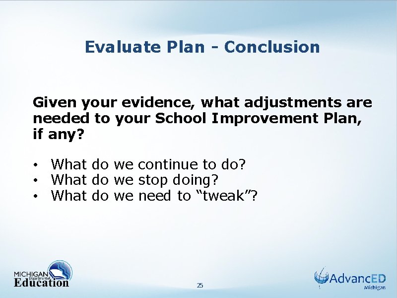 Evaluate Plan - Conclusion Given your evidence, what adjustments are needed to your School