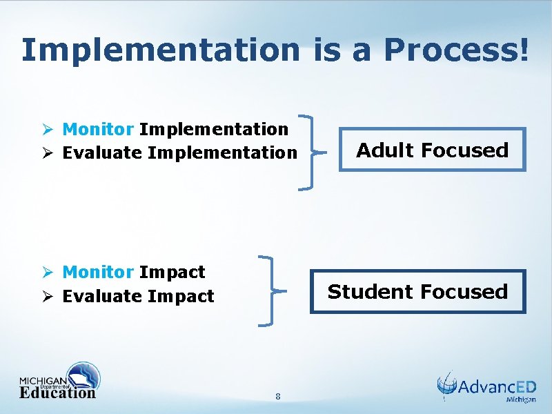 Implementation is a Process! Ø Monitor Implementation Ø Evaluate Implementation Ø Monitor Impact Ø