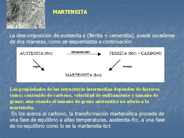 MARTENSITA La descomposición de austenita a (ferrita + cementita), puede sucederse de dos maneras,