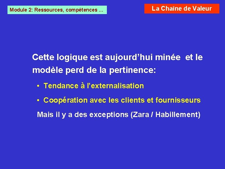Module 2: Ressources, compétences … La Chaîne de Valeur Cette logique est aujourd’hui minée Module 2: Ressources, compétences … La Chaîne de Valeur Cette logique est aujourd’hui minée