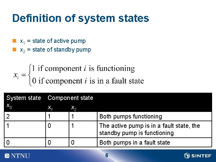 Definition of system states n x 1 = state of active pump n x