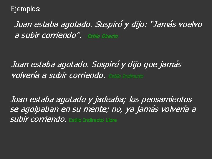 Ejemplos: Juan estaba agotado. Suspiró y dijo: “Jamás vuelvo a subir corriendo”. Estilo Directo