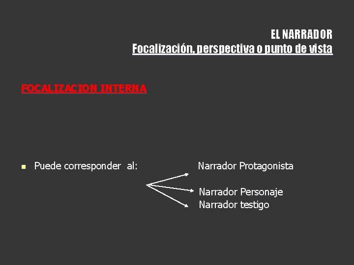 EL NARRADOR Focalización, perspectiva o punto de vista FOCALIZACION INTERNA n Puede corresponder al: