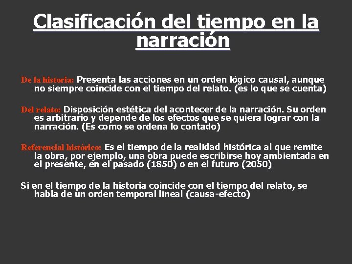 Clasificación del tiempo en la narración De la historia: Presenta las acciones en un