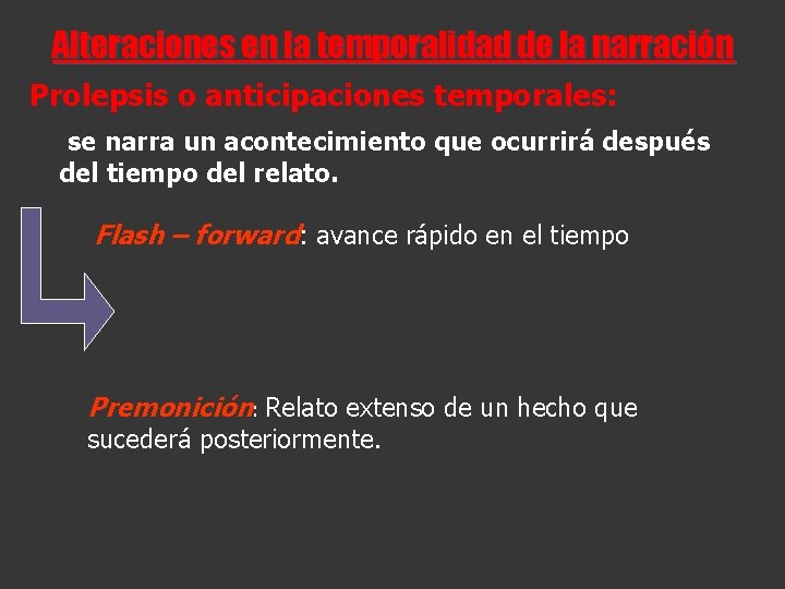 Alteraciones en la temporalidad de la narración Prolepsis o anticipaciones temporales: se narra un