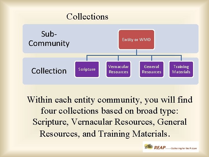 Collections Sub. Community Collection Entity or WMO Scripture Vernacular Resources General Resources Training Materials