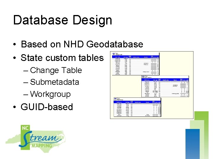 Database Design • Based on NHD Geodatabase • State custom tables – Change Table