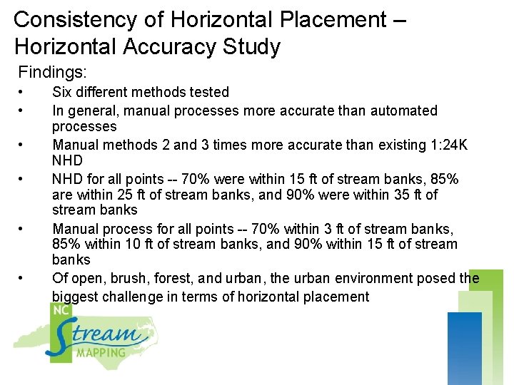 Consistency of Horizontal Placement – Horizontal Accuracy Study Findings: • • • Six different