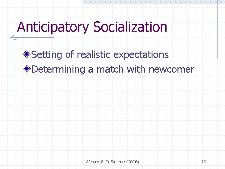 Anticipatory Socialization Setting of realistic expectations Determining a match with newcomer Werner & De.