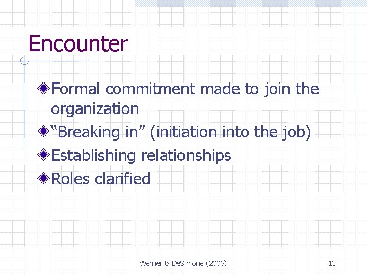 Encounter Formal commitment made to join the organization “Breaking in” (initiation into the job)