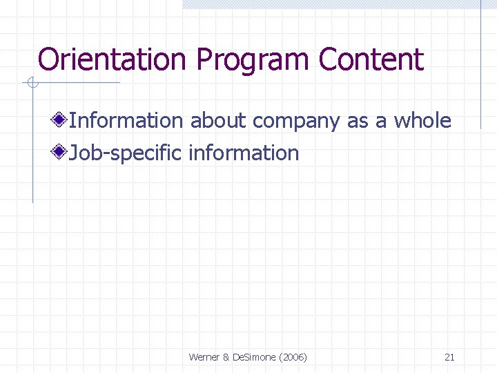 Orientation Program Content Information about company as a whole Job-specific information Werner & De.