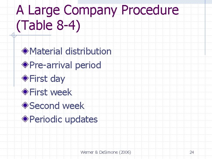 A Large Company Procedure (Table 8 -4) Material distribution Pre-arrival period First day First