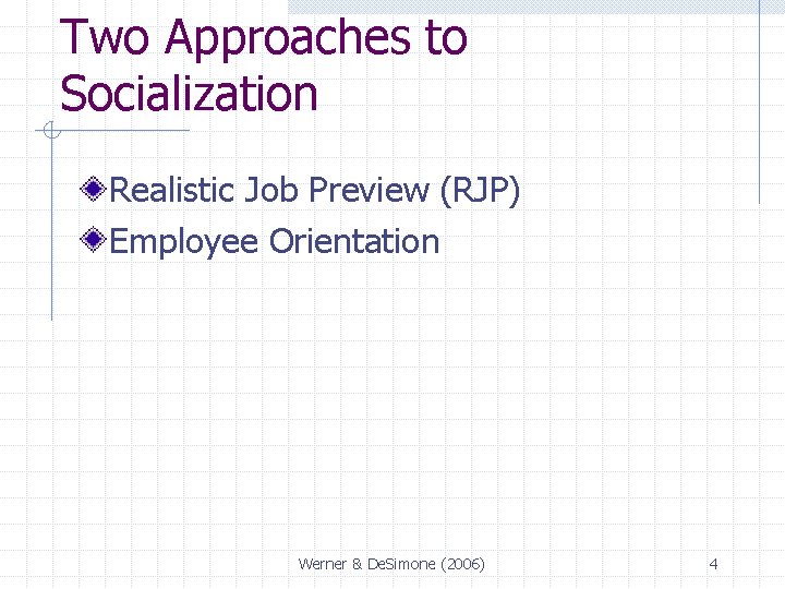 Two Approaches to Socialization Realistic Job Preview (RJP) Employee Orientation Werner & De. Simone