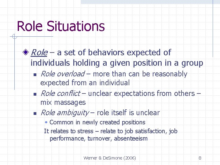 Role Situations Role – a set of behaviors expected of individuals holding a given