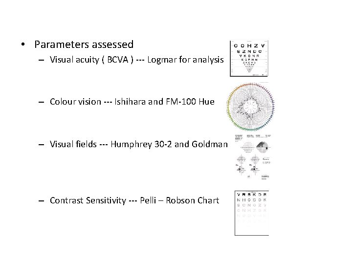  • Parameters assessed – Visual acuity ( BCVA ) --- Logmar for analysis