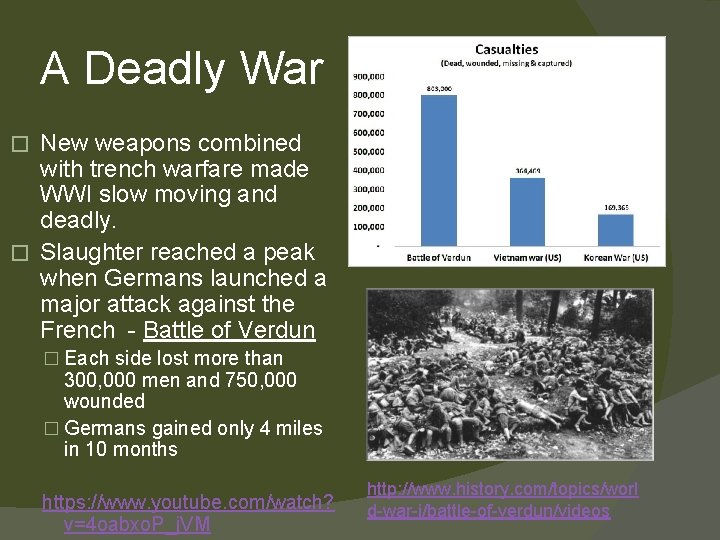 A Deadly War New weapons combined with trench warfare made WWI slow moving and